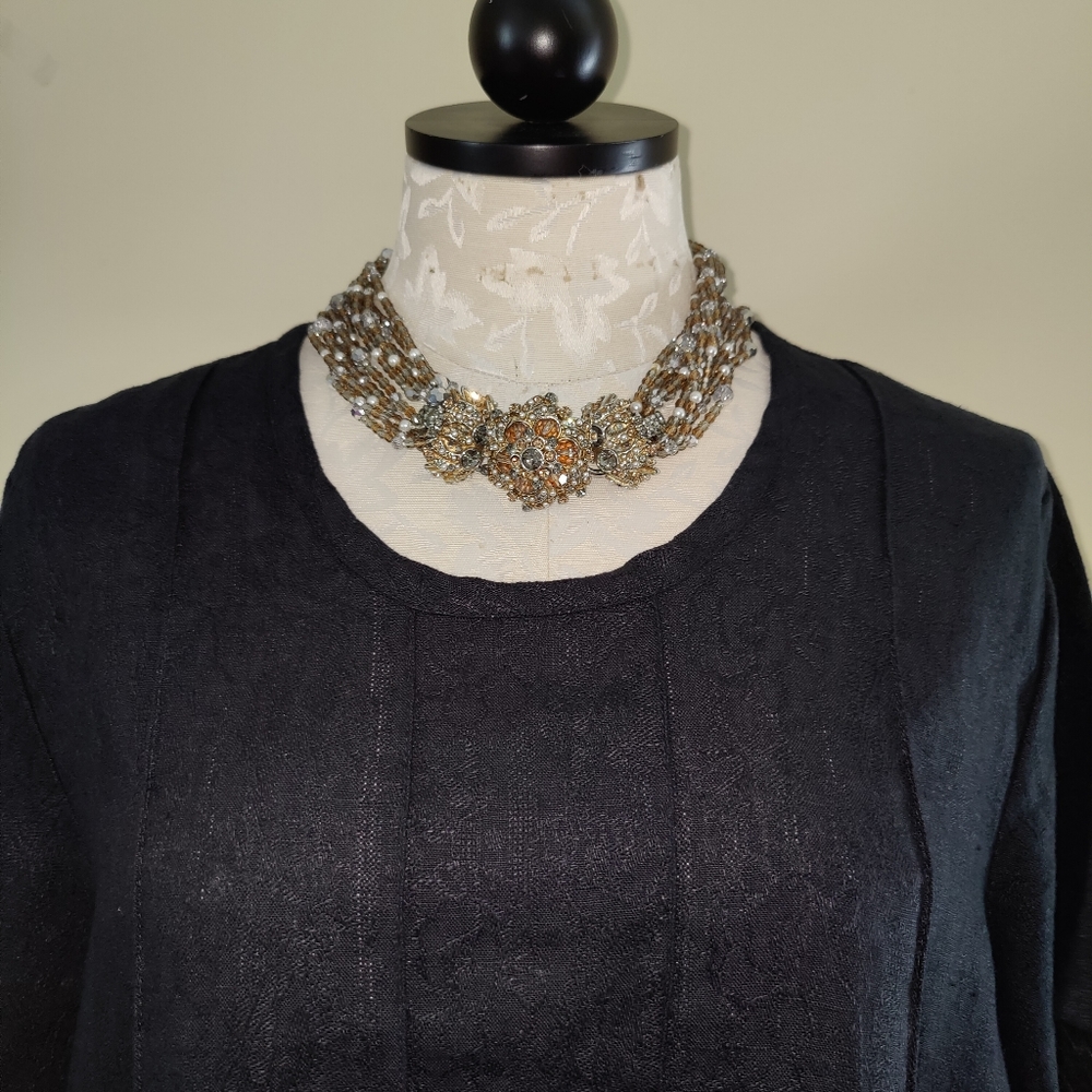 Flax short sleeve black jacquard tunic, relaxed fit, Size S - Picture 5 of 11